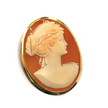 Load image into Gallery viewer, 18K YELLOW GOLD OVAL 30x38mm PENDANT WITH LADY FACE CAMEO, MADE IN ITALY.