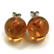 Load image into Gallery viewer, 18k white gold lobe earrings orange big amber 15mm spheres butterfly closure.