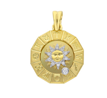 Load image into Gallery viewer, solid 18k yellow gold zodiac sign round 23mm diamond sun zodiacal medal pendant.