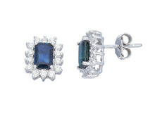 Cargar imagen en el visor de la galería, 18k white gold flower earrings, diamonds 0.44 & emerald cut blue sapphires 1.40.