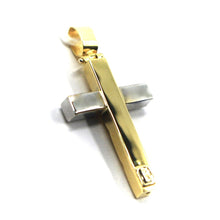 Load image into Gallery viewer, 18K YELLOW WHITE GOLD TUBE TWO TONE SQUARED CROSS, 30 mm, 1.18", MADE IN ITALY.