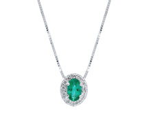 Charger l'image dans la galerie, 18k white gold necklace oval 0.24 emerald, diamonds frame pendant venetian chain.
