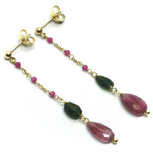 Charger l'image dans la galerie, 18k yellow gold pendant earrings, purple green tourmaline drop, cubic zirconia.