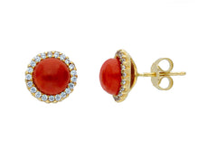 Cargar imagen en el visor de la galería, 18K YELLOW GOLD CABOCHON RED CORAL BUTTON EARRINGS, 12mm CUBIC ZIRCONIA FRAME.