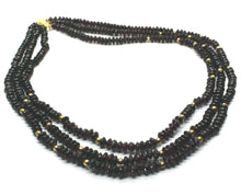 Load image into Gallery viewer, 18K YELLOW GOLD THREE WIRES MULTI STRAND NECKLACE WITH DISC GARNET, GOLD SPHERE.