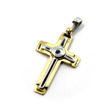 Load image into Gallery viewer, SOLID 18K YELLOW WHITE GOLD FLAT DOUBLE CROSS PENDANT 26mm 1.02", ITALY MADE.