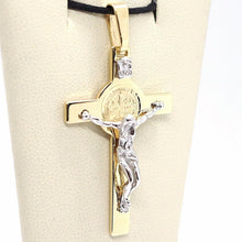 Load image into Gallery viewer, 18k yellow white gold Cross, Jesus & Saint Benedict medal big 2.1 inches.
