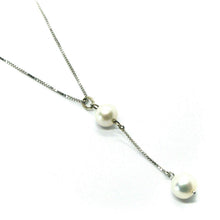 Load image into Gallery viewer, 18k white gold lariat necklace venetian chain fw round white 8mm pearl pendant.