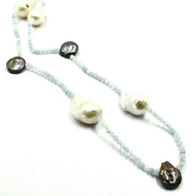 Cargar imagen en el visor de la galería, 18k white gold long 35" 90cm necklace aquamarine big drop white & gray pearls.