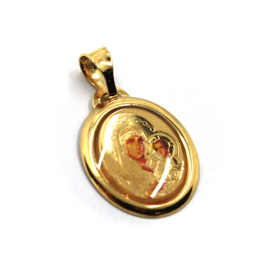 18k yellow gold enamel Orthodox oval medal, 17x15mm, Virgin Mary and Jesus.