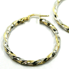 Load image into Gallery viewer, 18K YELLOW WHITE GOLD CIRCLE HOOPS PENDANT EARRINGS, 3 cm x 3mm TWISTED, BRAIDED.
