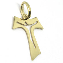 Load image into Gallery viewer, 18k yellow gold cross, Franciscan tau tao Saint Francis with Jesus, 0.8 inches.