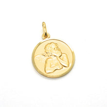 Load image into Gallery viewer, solid 18k yellow gold Guardian Angel small 11mm medal, pendant, very detailed.