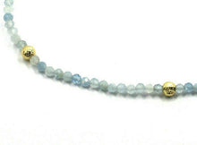 Load image into Gallery viewer, 18k yellow gold necklace 17.3", 44cm faceted round 2.5mm aquamarine worked balls.