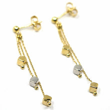 Load image into Gallery viewer, 18K YELLOW WHITE GOLD PENDANT EARRINGS, THREE WIRES, SMALL CUBES, 4 cm.