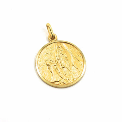 18k yellow gold Senora Lady of Lourdes 13 mm round medal Virgin Mary pendant.