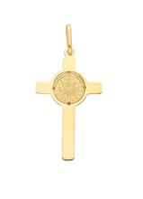 Load image into Gallery viewer, Solid 18k yellow gold flat Cross pendant with Saint Benedict medal length 30 mm.