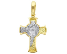 Load image into Gallery viewer, SOLID 18K YELLOW WHITE GOLD CROSS BIG 3cm 1.2", FINELY WORKED WITH JESUS FACE.