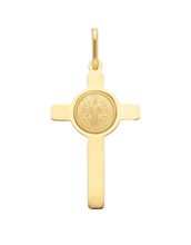 Load image into Gallery viewer, Solid 18k yellow gold flat Cross pendant with Saint Benedict medal length 30 mm.