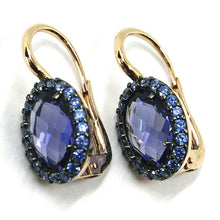Cargar imagen en el visor de la galería, 18k rose gold leverback flower earrings, oval crystal, blue cubic zirconia frame.