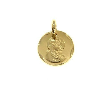 SOLID 18K YELLOW GOLD VIRGIN MARY AND JESUS 14 MM MEDAL, PENDANT, MADE IN ITALY.