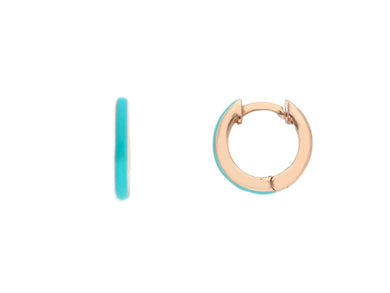 18K ROSE GOLD TURQUOISE ENAMEL CIRCLE HOOPS 10mm x 2mm EARRINGS, MADE IN ITALY.