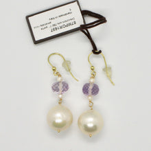 Load image into Gallery viewer, SOLID 18K YELLOW GOLD EARRINGS WITH BIG WHITE PEARLS AND AMETHYST MADE IN ITALY.