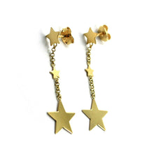 Load image into Gallery viewer, SOLID 18K YELLOW GOLD EARRINGS, 3 PENDANT FLAT STARS, LENGTH 4cm 1.6&quot;.
