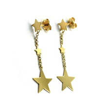 Load image into Gallery viewer, SOLID 18K YELLOW GOLD EARRINGS, 3 PENDANT FLAT STARS, LENGTH 4cm 1.6".