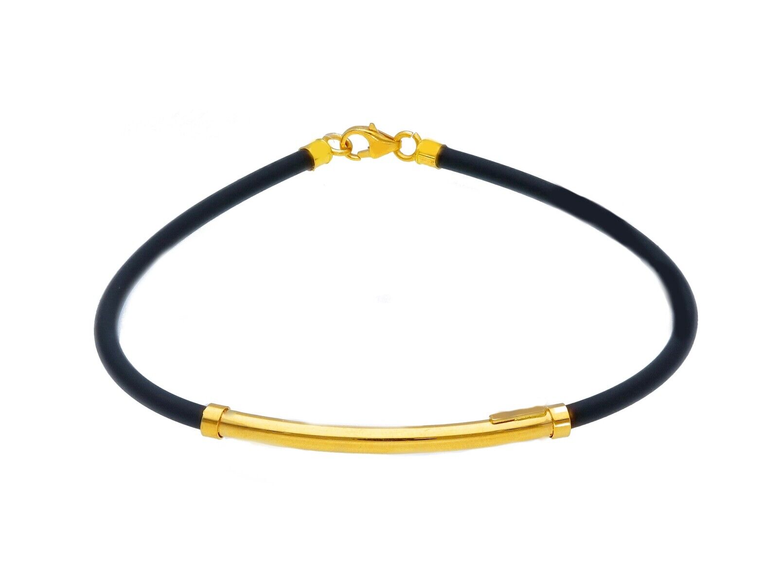 18K YELLOW GOLD BRACELET WITH 3mm ROUND TUBE PLATE AND BLACK RUBBER,