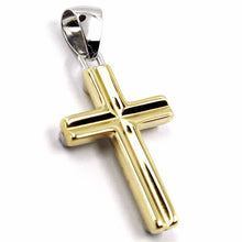 Load image into Gallery viewer, 18K YELLOW WHITE GOLD SQUARE TUBE DOUBLE CROSS, 3 CM 1.2 INCHES MADE IN ITALY.