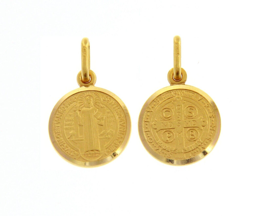 solid 18k yellow gold St Saint Benedict small 13 mm medal pendant with Cross.
