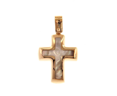 18k rose gold 20mm rounded stylized cross with mother of pearl pendant.