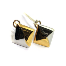 Cargar imagen en el visor de la galería, 18K WHITE YELLOW GOLD RHOUMBUS 20mm EARRINGS BICLOR ONDULATE, CLIP-ON CLOSURE.