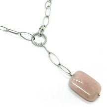 Load image into Gallery viewer, 18k white gold lariat necklace, with big square rose quartz and zirconia pendant.