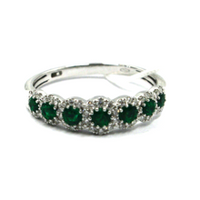 Load image into Gallery viewer, 18k white gold band ring with round green emeralds 0.45ct & diamonds 0.28ct.