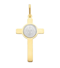 Load image into Gallery viewer, Solid 18k yellow white gold flat 30mm Cross pendant with Saint Benedict medal.
