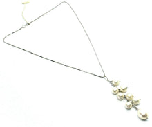 Load image into Gallery viewer, 18k white gold lariat necklace venetian chain round oval pearl bunch pendant.