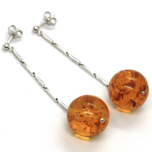 Load image into Gallery viewer, 18k white gold pendant earrings, big orange amber 18 mm spheres, 2.7 inches.