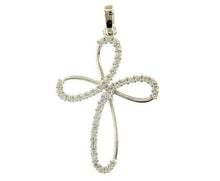 Load image into Gallery viewer, 18K WHITE GOLD 17mm ONDULATE FLOWER CROSS WITH WHITE ROUND CUBIC ZIRCONIA.
