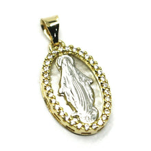 Load image into Gallery viewer, 18k yellow white gold miraculous medal, mother of pearl, zirconia, pendant.