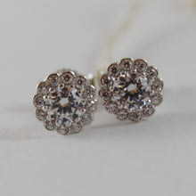 Load image into Gallery viewer, 18k white gold 7 mm flower sun earrings white zirconia 1.3 carats.
