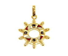 Load image into Gallery viewer, 18k yellow gold nautical helm pendant 2.2cm 0.87&quot; enamel compass wind rose.
