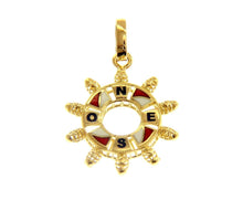 Load image into Gallery viewer, 18k yellow gold nautical helm pendant 2.2cm 0.87" enamel compass wind rose.