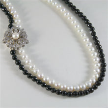 Load image into Gallery viewer, solid 18k white gold necklace with round pearls, onyx and diamonds made in Italy.
