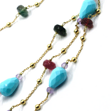 Load image into Gallery viewer, 18K YELLOW GOLD 20.8" NECKLACE TURQUOISE PASTE DROPS, RED TOURMALINE AMETHYST.