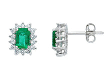 Load image into Gallery viewer, 18k white gold flower earrings, diamonds 0.44 & rectangular emerald 1.40.