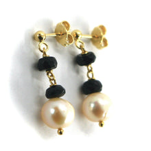 Charger l'image dans la galerie, 18k yellow gold pendant earrings faceted tourmaline, pink pearls, 2.7cm, 1.05".