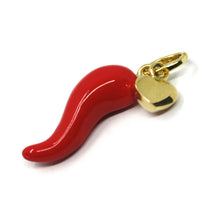 Load image into Gallery viewer, 18K YELLOW GOLD RED ENAMEL HORN CORNICELLO 17mm & MINI HEART PENDANT, MADE IN ITALY.