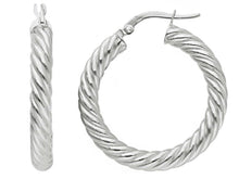 Charger l'image dans la galerie, 18K WHITE GOLD HOOPS EARRINGS DIAMETER 25mm, TUBE 4mm STRIPED TWISTED BRAIDED.